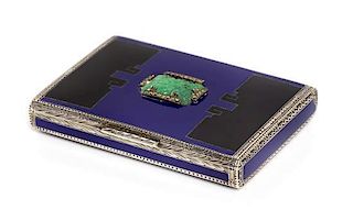 * A French Art Deco Silver, Enamel and Jade-Inset Cigarette Case, , the lid having bi-color enamel with geometric decoration,
