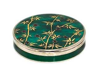 * A Continental Silver and Enamel Compact, Import Mark C&C, London, 1925, of circular form, the lid with gilt and red foliate
