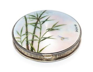 * A Continental Silver and Enamel Compact, Import Mark GS, London, 1925, the lid enameled with bamboo shoots, dragonflies and