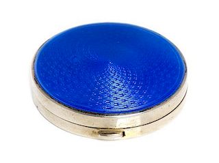 * An Edwardian Silver and Enamel Box, Crisford & Norris, Birmingham, 1909, of circular form, the lid with blue guilloche enam