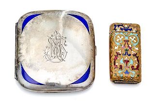 An Austrian Silver and Enamel Cigarette Case, , the lid worked with blue enamel spandrels and centered by an engraved monogra