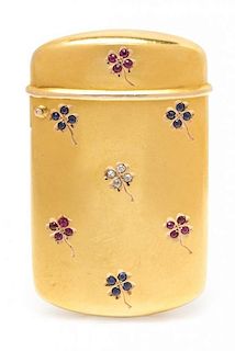 An American 14 Karat Gold and Jeweled Vesta Case, , the case worked with clover motifs decorated having diamond, ruby and sap
