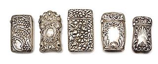 A Collection of Five American Silver Vesta Cases, Various Makers, comprising an example by Webster Co., North Attleboro, MA; 