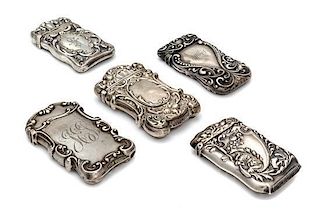 A Collection of Five American Silver Vesta Cases, Various Makers, each case worked to show C-scroll and foliate motifs center