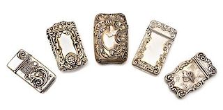 A Collection of Five American Silver Vesta Cases, Various Makers, comprising an example with a beaded meander and foliate dec