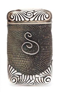 An American Silver and Lizard Skin Cigar Case, Gorham Mfg. Co., Providence, RI, 1888, the case ends worked with fluted volute