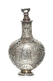 * A Victorian Silver Scent Bottle, Likely Charles Engelhard, London, 1887, the body worked to show a courting couple in a gar