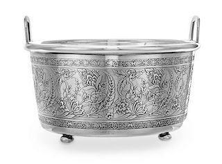 An American Silver Ice Bucket, Tiffany & Co., New York, NY, the handled body having a floral and foliate decorated band and a