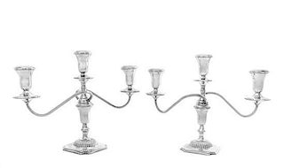 * A Pair of American Silver Three-Light Candelabra, Reed & Barton, Taunton, MA, having two twist arms with reeded decoration 