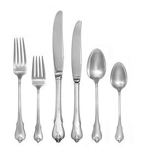 An American Silver Flatware Service, Wallace Silversmiths, Wallingford, CT, Grand Colonial pattern, comprising: 6 dinner kniv