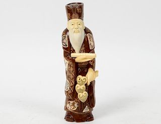 CHINESE CARVED IVORY AND WOOD SCHOLAR