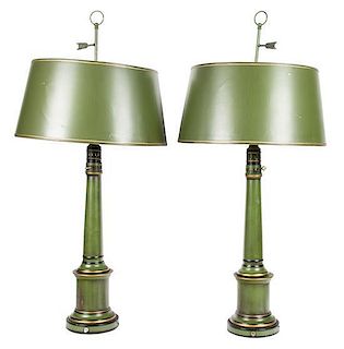 A Pair of Green and Gilt Decorated Table Lamps Height overall 39 1/2 inches.
