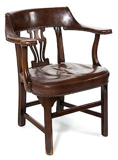 A George II Style Mahogany Library Chair Height 32 x width 26 1/2 x depth 22 inches.