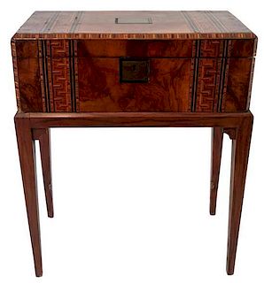 An English Burl Walnut Parquetry Lap Desk on Stand Height 25 1/2 x width 20 1/2 x depth 10 1/4 inches.