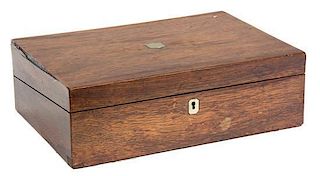 An English Mahogany Writing Box Height 4 1/2 x width 14 x depth 9 3/4 inches.