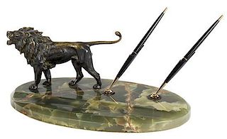A Brass Lion Mounted Onyx Standish Length 14 3/4 inches.