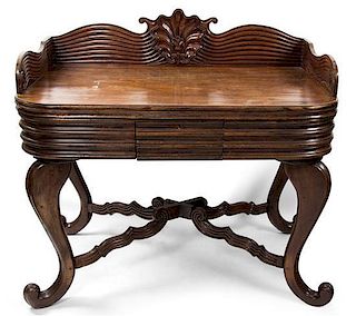 A British Colonial William IV Style Mahogany Writing Desk Height 41 1/2 x width 43 1/2 x depth 26 inches.