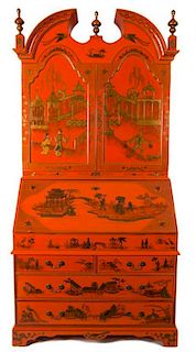 A Chinese Chippendale Style Orange and Gilt Lacquer Secretary Desk Height 85 1/2 x width 42 3/4 x depth 21 1/2 inches.