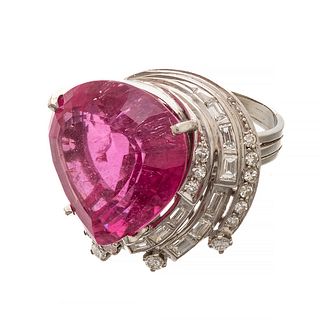 Diamond And Pink Tourmaline Ring, White Gold Size 8 1/2, Ca. 1940, 13.4g