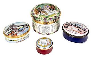 A Group of Four Halcyon Days Enamel Boxes Diameter of largest 2 1/2 inches.