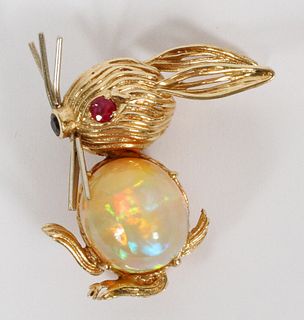 8ct Natural Opal, Ruby, Sapphire And Gold, Bunny Pin, H 1.5" 6.8g