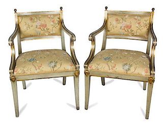 A Pair of Scandinavian Painted Open Armchairs Height 35 inches.