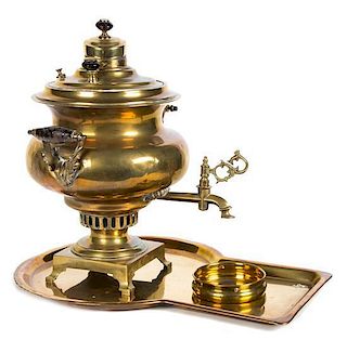 A Russian Brass Samovar with Undertray Height 16 3/4 inches.