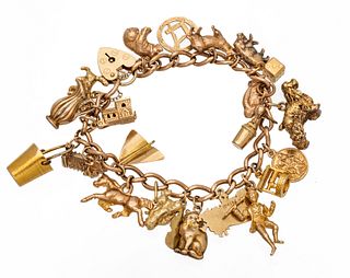Vintage Gold Charm Bracelet, L 6.5" 58g
