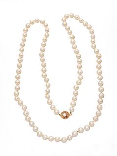 Pearl 9mm. Necklace, 14kt Gold And Diamond Clasp, L 36"