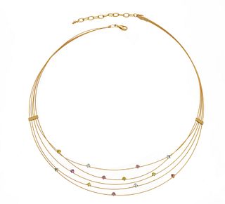 14K Five Strand Peridot Necklace, Delicate L 16" 7.6g
