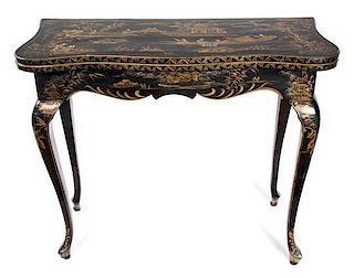 A Louis XV Style Black and Gilt Lacquered Flip-Top Card Table Height 30 x width 36 x depth 15 inches (closed).