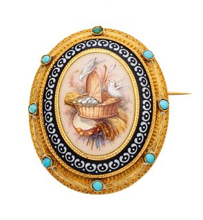 French Gold And Porcelain With Turquoise Brooch Ca. 19th.c., 108g