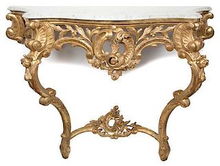 A Louis XV Style Carved Giltwood Marble Top Wall Console Height 36 x width 48 x depth 17 inches.