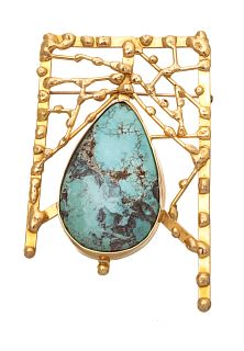 Turquoise And 14K Yellow Gold Designer Brooch H 2.7" W 1.7" 36.8g