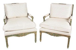 A Pair of Louis XV Style Painted Fauteuils Height 33 x width 27 x depth 38 inches.
