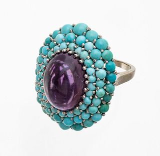 Turquoise And Cabochon Amethyst Ring, Size 7 1/4 L 2.3" 14.4g