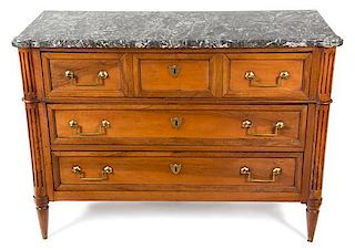 A Louis XVI Style Fruitwood Marble Top Commode Height 32 x width 44 x depth 18 1/2 inches.