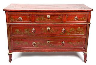 A Louis XVI Style Chinoiserie Red Lacquer and Gilded Commode Height 33 x width 48 x depth 20 inches.