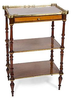 A Louis XVI Style Gilt Bronze Mounted Marquetry Three-Tier Table Height 31 x width 20 3/4 x depth 14 inches.