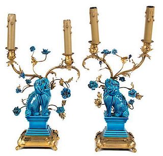 A Pair of French Napoleon III Bronze Two-Light Candelabras Height 19 inches.