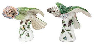 A Pair of German Porcelain Models of Parrots Height of first 9 inches.
