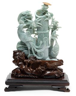Chinese Carved Green Jade Sculpture, Phoenix Bird In Arrangement, H 9.5" W 7" Depth 1.5"
