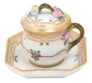 A Royal Copenhagen Flora Danica Porcelain Covered Custard Cup and Saucer Height 3 1/4 inches.