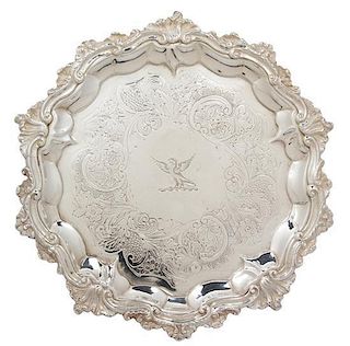 A William IV Silver Salver, Probably John Welby, London, 1834, with rocaille and C-scroll borders around an engraved band enc