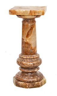 Carved Brown Onyx Pedestal, 20th C., H 35.75" W 15.5" L 15.75"