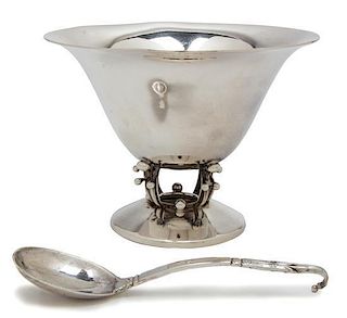 A Continental Silver Bowl, 20TH CENTURY, in the Danish manner, together with a matching spoon.