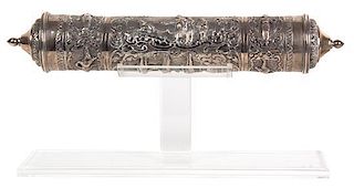 A Burmese .800 Silver Scroll Holder, 19TH CENTURY, having repousse figural and landscape decoration.