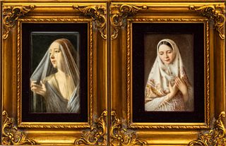 R. Friedrich (German) Painted Porcelain Plaques, Early 20th C., Veiled Devotees, H 10" W 7.5"