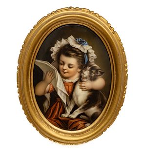 German Painted Porcelain Plaque,  19th C., Young Musician With Cat, H 8.5" W 6.5"