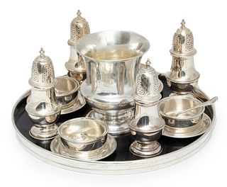 English Silver Salt Cellars And Pepper Shakers With Tray & Urn, H 4" Dia. 3.25" 2.57t oz 10 pcs